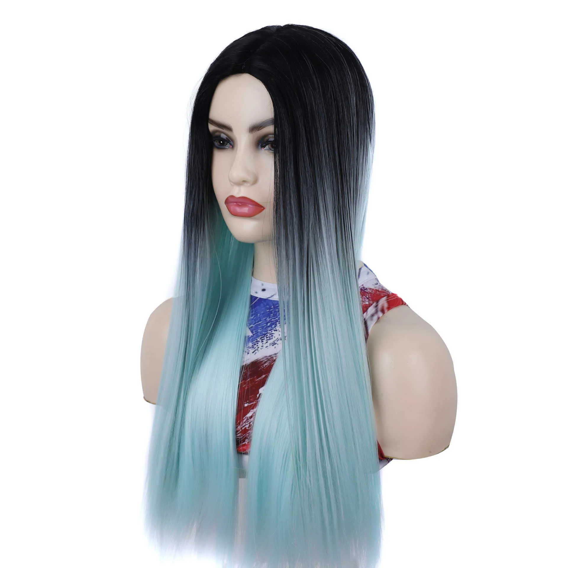 yielding Black gradient sky blue long straight hair wig head cover middle split straight hair wig head cover straight hair head cover