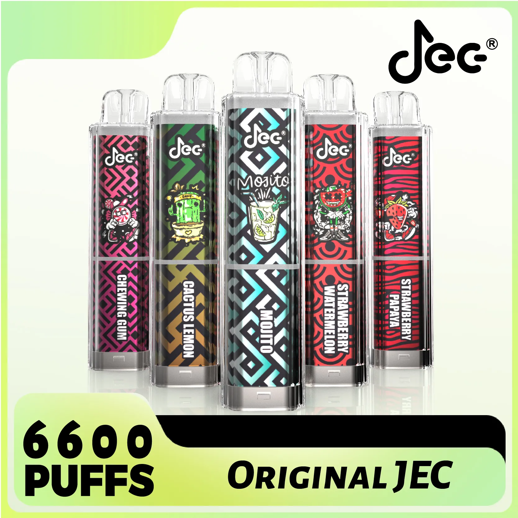 Ny Original Jec Box Bar 6600 7000 9000 Puffs engångsuppladdningsbar mesh -spiral E Cigaretter Pen Pod 12 Flavors tillgängliga Mesh Coil RGB Glowing Light Vapes Device