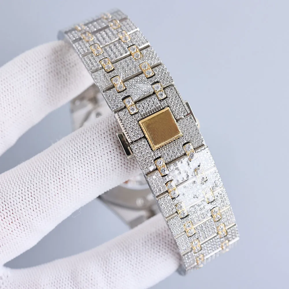 Automatiska handgjorda herrdiamanter klockor Mekaniska klockor 42 mm med diamantspäckt stål 904L Sahire Women Wristwatches Montre de Luxe 909355 ES