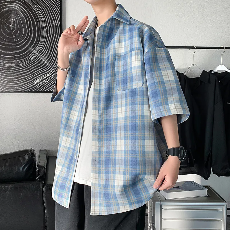 Casual shirts voor heren privathinker roze check shirt met korte mouwen voor mannen oversized zomer casual blouses unisex kleding mode nieuw Koreaans mannelijk shirt 230420