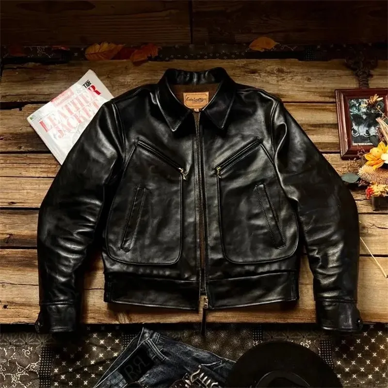 Men's Leather Faux YR .Cidu Brand. Italy luxury tea core horsehide Flight jacket.Bomber Real coat.original Rider leather 231118