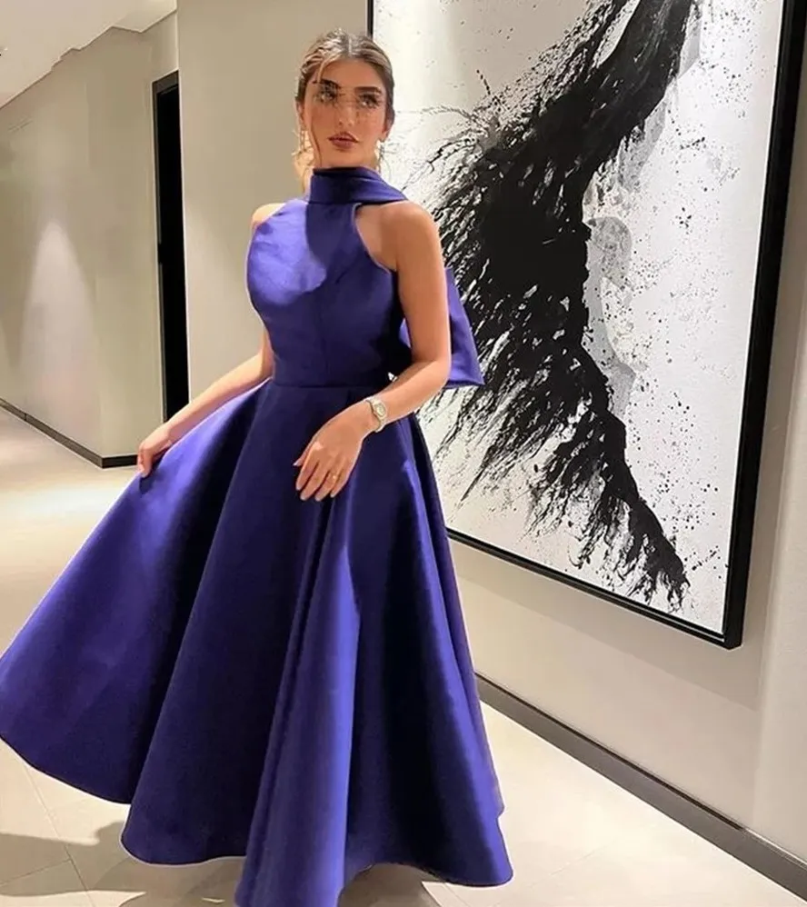 2024 Fioletowa krótka sukienka na imprezę satynową kantar Elegancka herbata długość wieczornej suknie narodzin vestidos de fiesta elegantes para mujer saudyjska Arabia