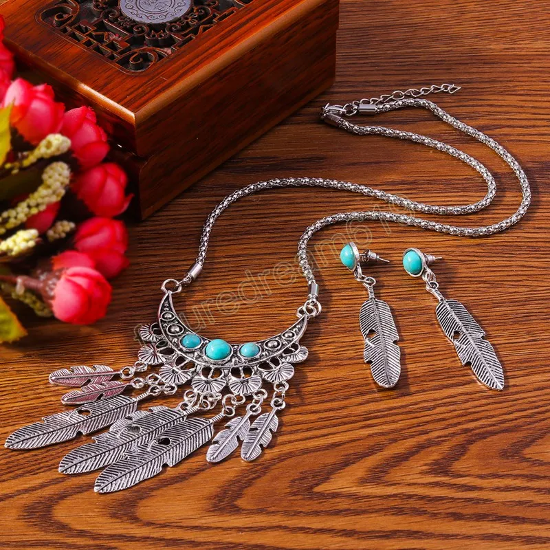 Ethnic Vintage Feather Pendant Necklaces Earrings Jewelry Sets for Women Bohemian Turquoises Blue Stone Necklace Sets