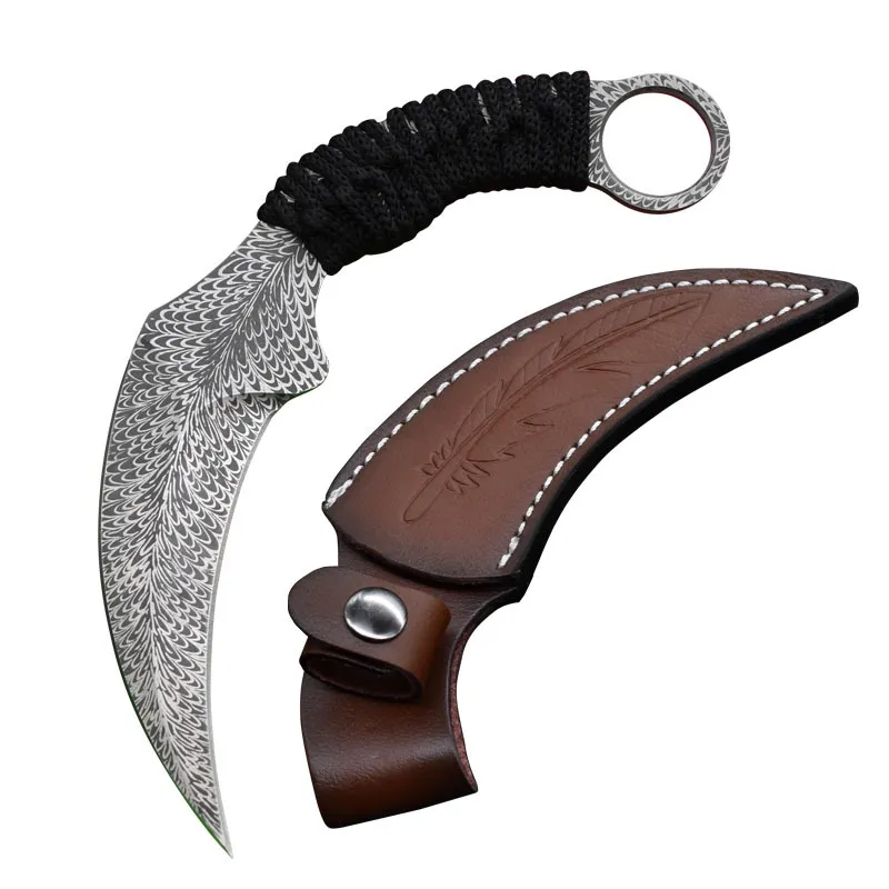 A1901 Karambit 나이프 420C 레이저 패턴 블레이드 풀 탱크 파르 코드 핸들 고정 블레이드 전술 클로 칼은 가죽 칼집이 있습니다.