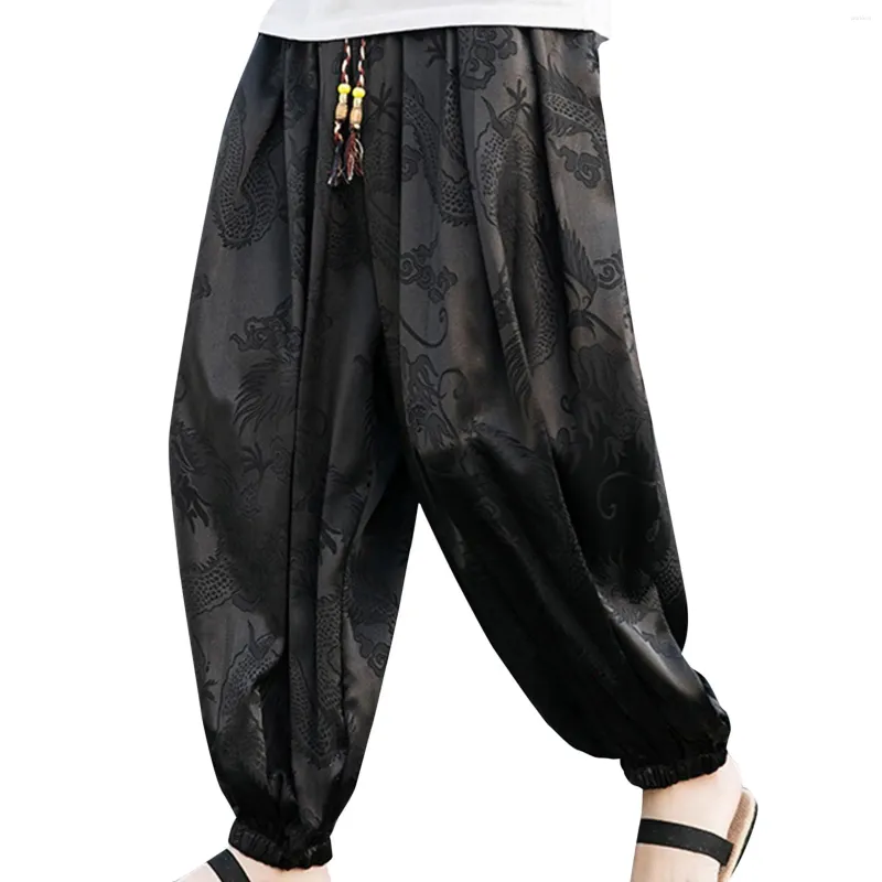 Mäns byxor Summer Mens Silk Harem Pant Vintage Floral Print Baggy Nine-Point Trousers Bohemian Wide Leg Holiday Beach Drawstring Bottoms