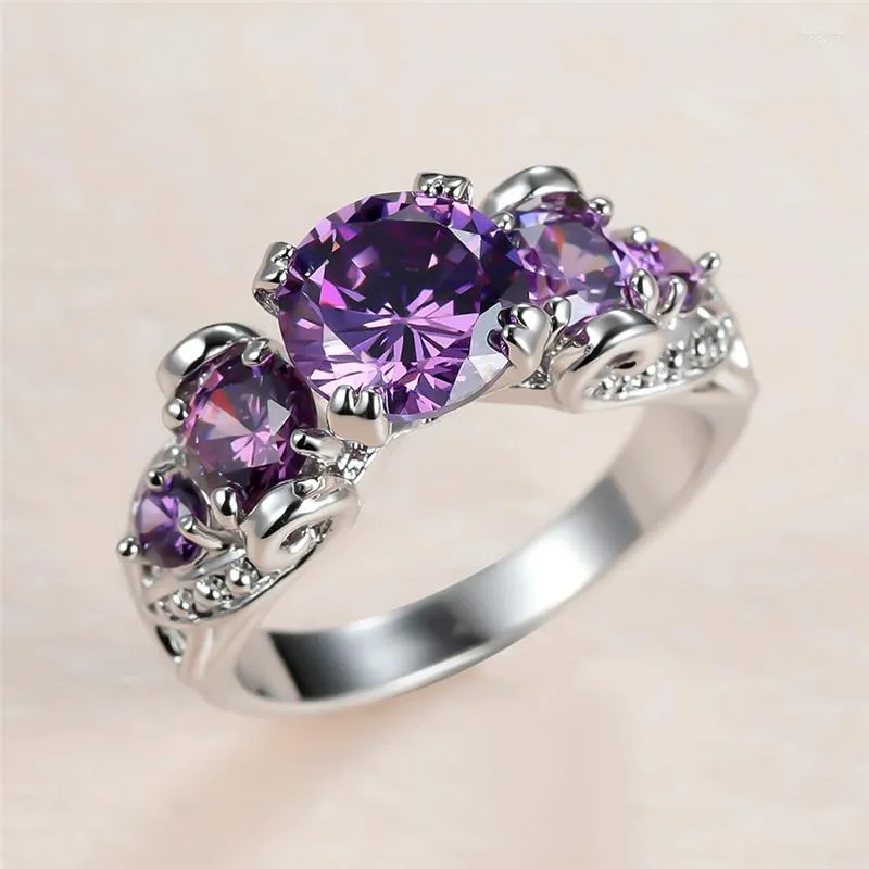 Обручальные кольца обаяние круглый пурпурный для женщин серебряный цвет циркон группы винтажные обручальные кольцо подарки на кольцо матери