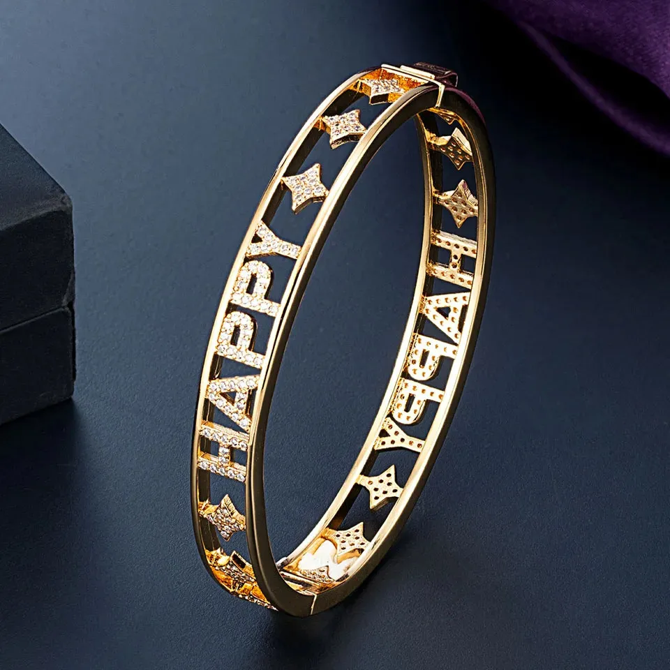 Bracciale Zlxgirl Fashion Happy Letter Zirconia Punk Bangle Donna Festa di nozze Marchio Gold Engagement DUBAI Coppia braccialetto accessorio 231120