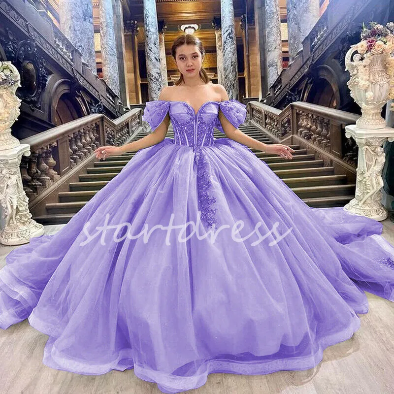 Eleagnt Lilla Lavanda Abiti Quinceanera Appliques Pizzo Cenerentola Sedici Compleanno Abito da festa Bellissimo Fata Abito da ballo Dolce 16 Abiti formali De 15 Anos