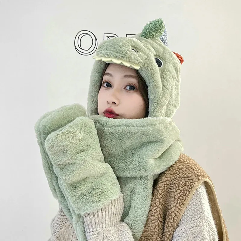 Beanie/Skull Caps women fashion Cute Cartoon dinosaur HatImitation mink Cap girl Winter Warmth Thickened with Scarf gloves hat 231118