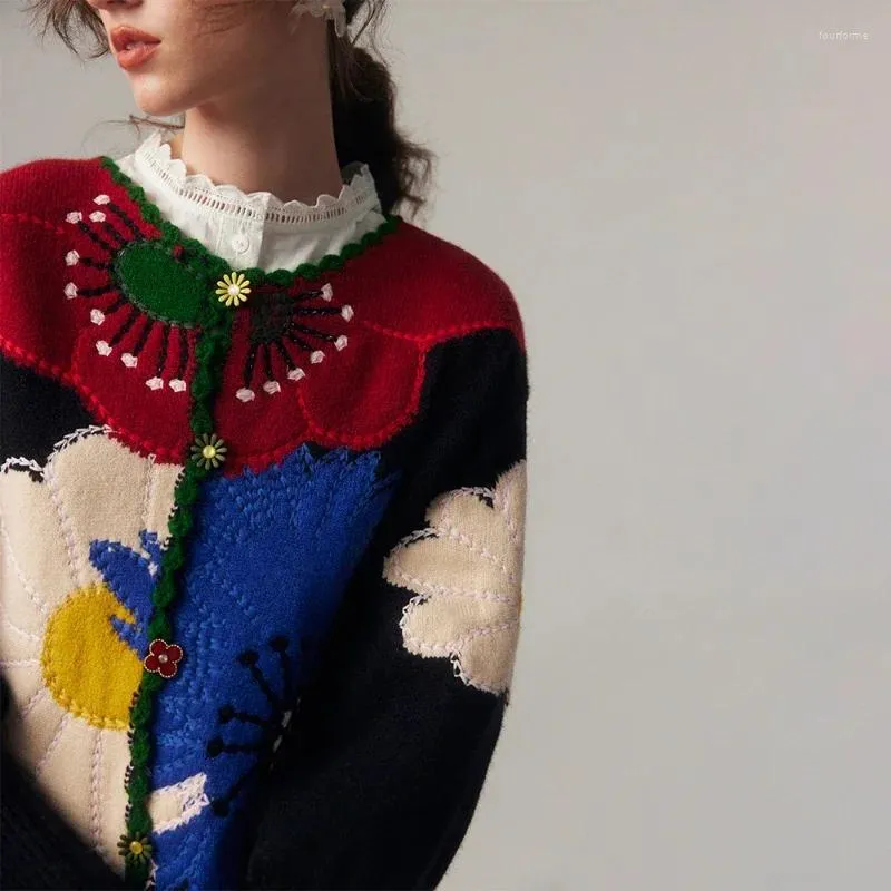 女性のニットヴィンテージフラワー刺繍ニットトップ高品質の女性ファッションカーディガン2023秋/冬シックなセーターコート
