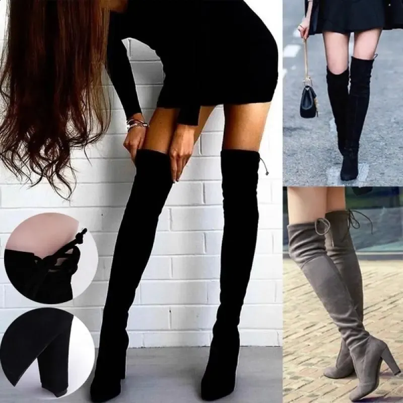 Boots Women Over The Knee Boots Suede Sexy High Heels Lace Up Long Boots Autumn Winter Warm Female Shoes Slim Thigh High Boots Party 231118