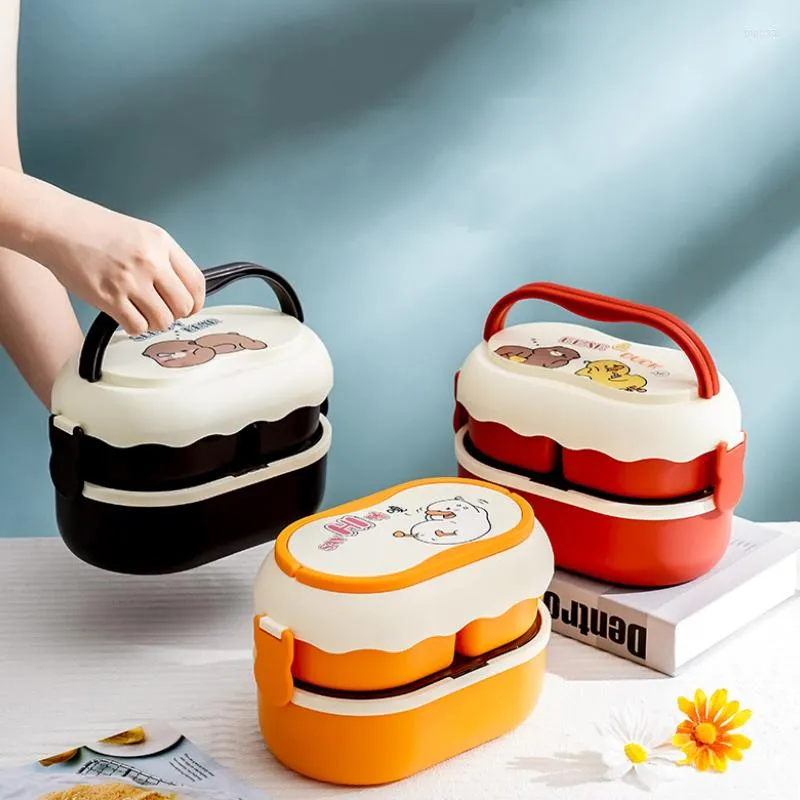 Учебная посуда наборы 2 слоя мультипликационной портативной ланч -коробки дети Bento с вилкой ложки хранения.