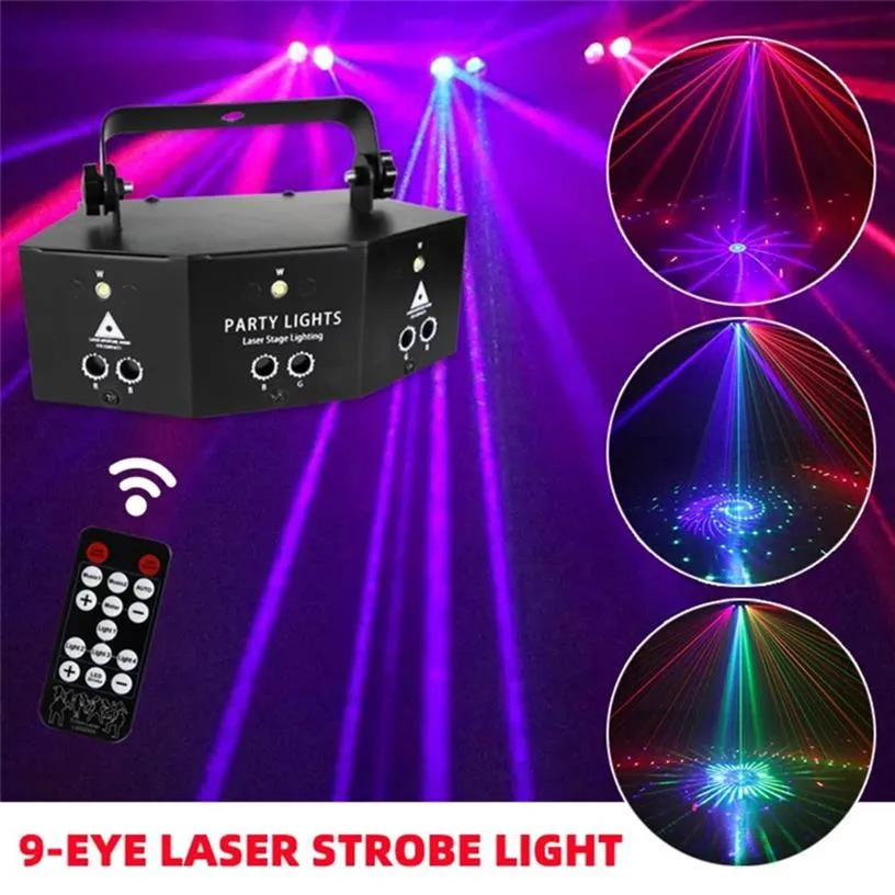 9 occhi RGB Laser Lighting Disco Dj Lampada DMX Telecomando Strobe Stage Light Halloween Christmas Bar Party Led Laser Proiettore Ho280y