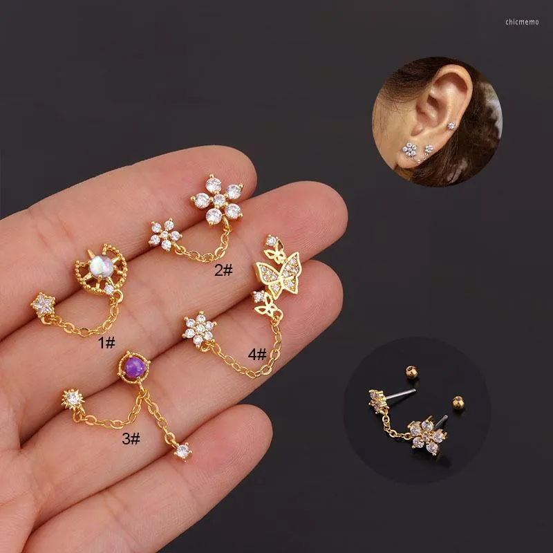 Stud Earrings Trendy Double Bar Piercing With Butterfly And Flower Shapes Micro Pave CZ Chain Two Hole Cuff In Malay For Cartilage From Chicmemo 7.09 DHgate.Com