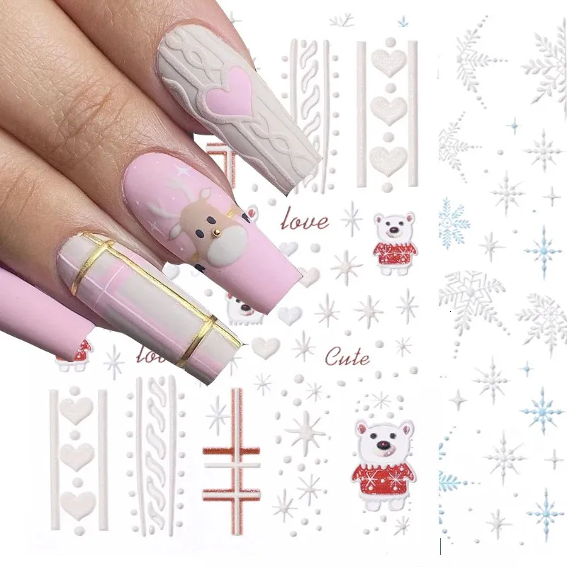 Stickers Decals 3D Christmas Gold White Snowflake Nail Sticker Nails Elk Bells Winter Year Sliders Manicure Decoration 231120