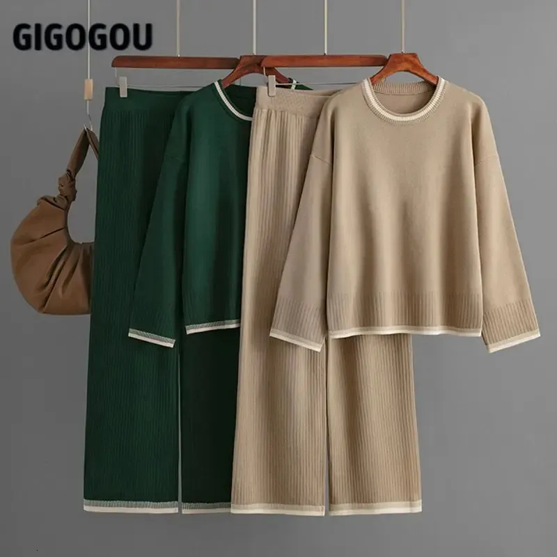 Women Dwuczęściowe spodnie Gigogou moda 2cece Sweter z długim rękawem w paski w paski w paski w talii garnitur dzianinowy zestaw 231120