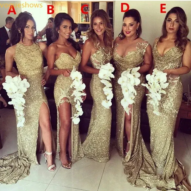 Sexy ouro lantejoulas brilhantes vestidos de dama de honra robe demoiselle nupcial baile de formatura vestido de festa para damas de honra plus size