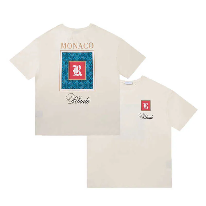 Designer Mode Kleding T-shirts Hiphop T-shirts Rhude Trend Merk Monaco Brief Afdrukken Amerikaanse High Street Rap Losse Abrikoos T-shirt met korte mouwen Heren Streetwear