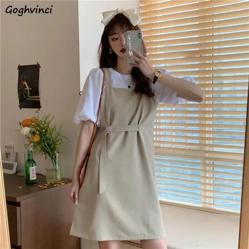 Vestidos de trabalho define feminino elegante suave senhora adorável na moda simples faculdade verão sólido ulzzang mujer ins feminino a linha solta