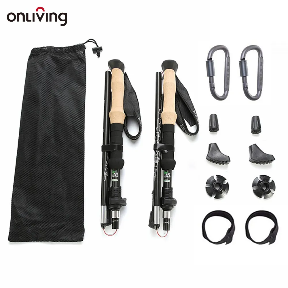 Trekking Poles Onliving 2st Trekking Poles Ultralight Carbon Fiber Folding Handing Nordic Walking Stick Quick Flip-Lock Telescop Crutches 230419