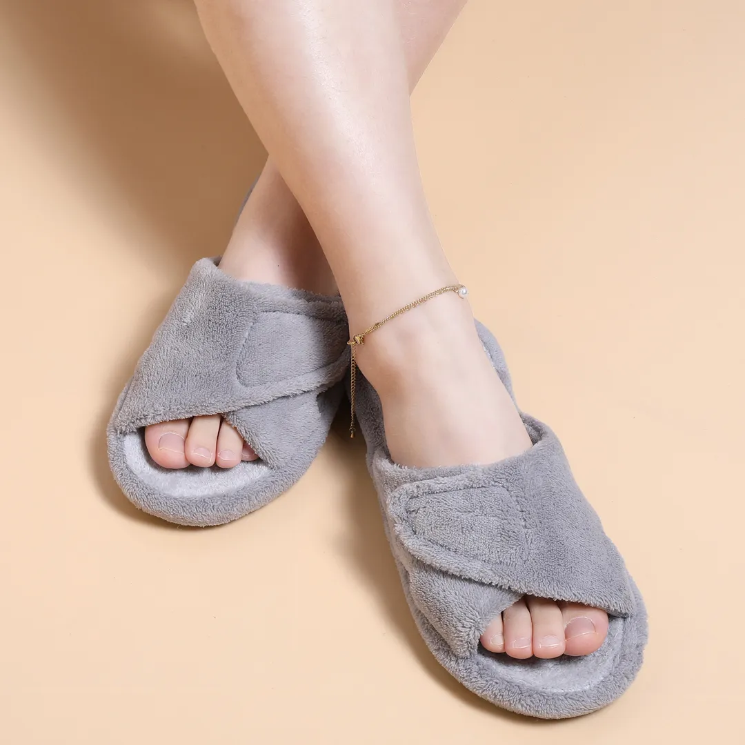 Fuzzy Comwarm Women Slippers Casual Autumn And Winter Open Toe Adjustable Female Flip Flops With Arch Support House Slippes 230419