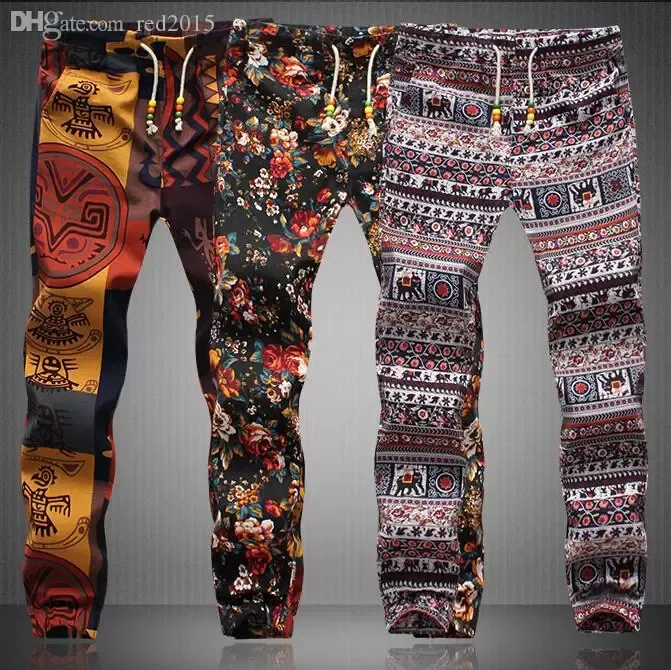 Qnpqyx nowe letnie w stylu Mężczyźni Spodnie specjalne oferta haremowe spodnie kwiecisty druk bawełniany lniany pasek elastyczne talia męskie mens joggers bresspanty