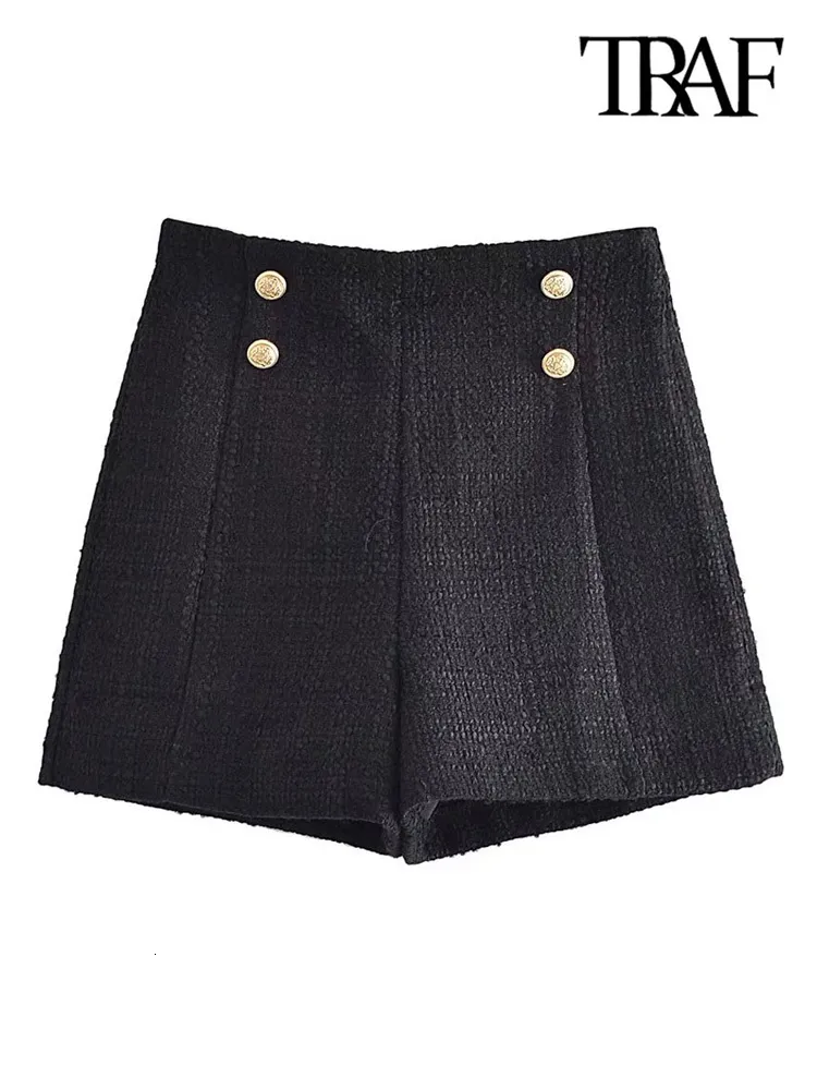 Shorts pour femmes TRAF femmes mode avant boutons en métal Tweed Shorts Vintage taille haute côté fermeture éclair femme pantalon court Mujer 230420