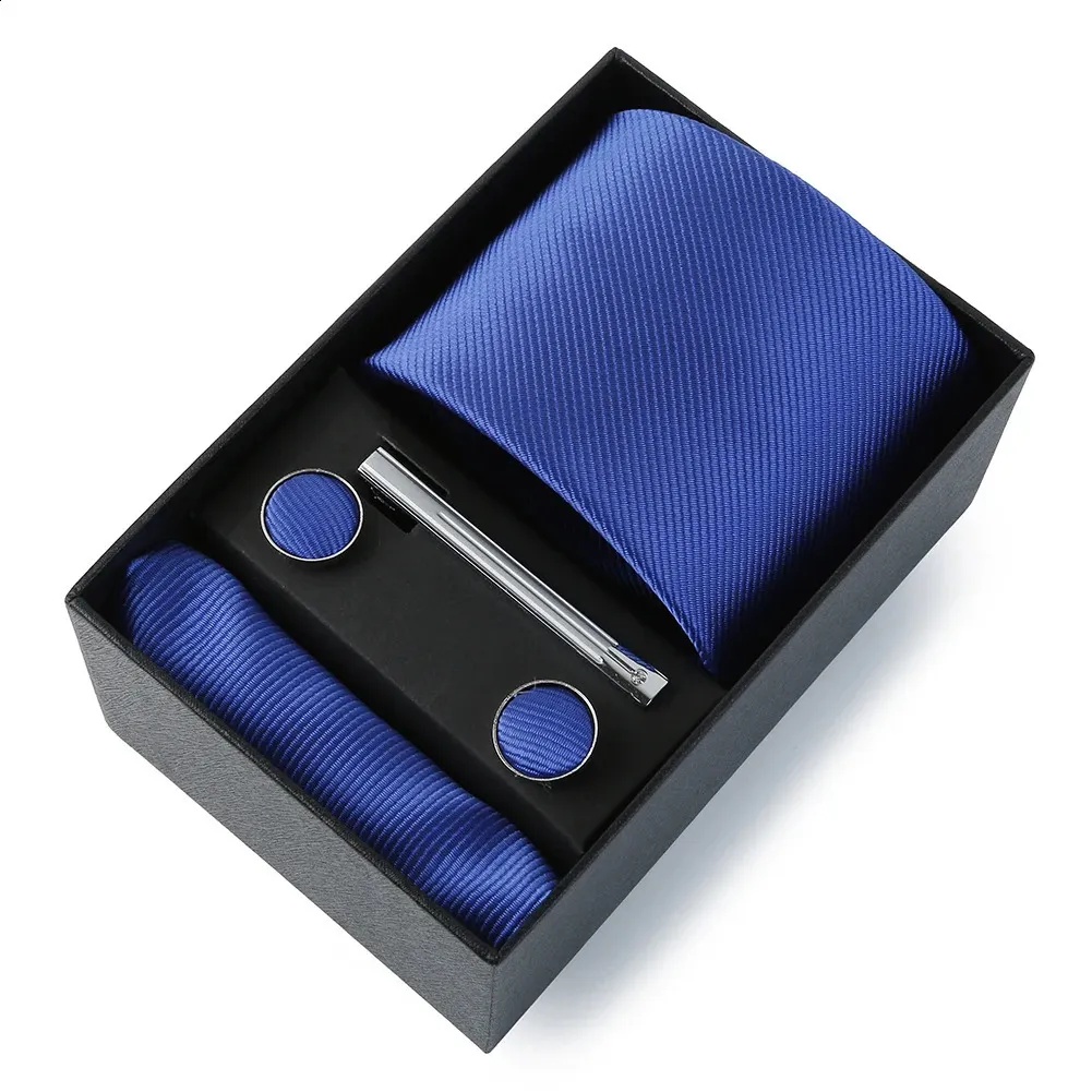 Cravates de cou Top Quality Classic Business Hanky Cufflink Clips Set Cravate de couleur unie pour hommes Slim Gravatas fête de mariage dans une boîte cadeau 231118