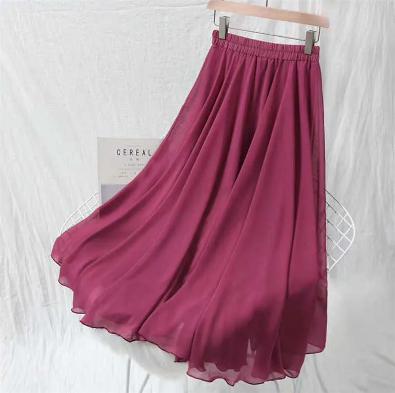 Kjolar 2023 Spring Autumn Fashion Women High midja veckad chiffong kjol plus storlek kjol svart rosa blå gul lång maxi kjol p230420