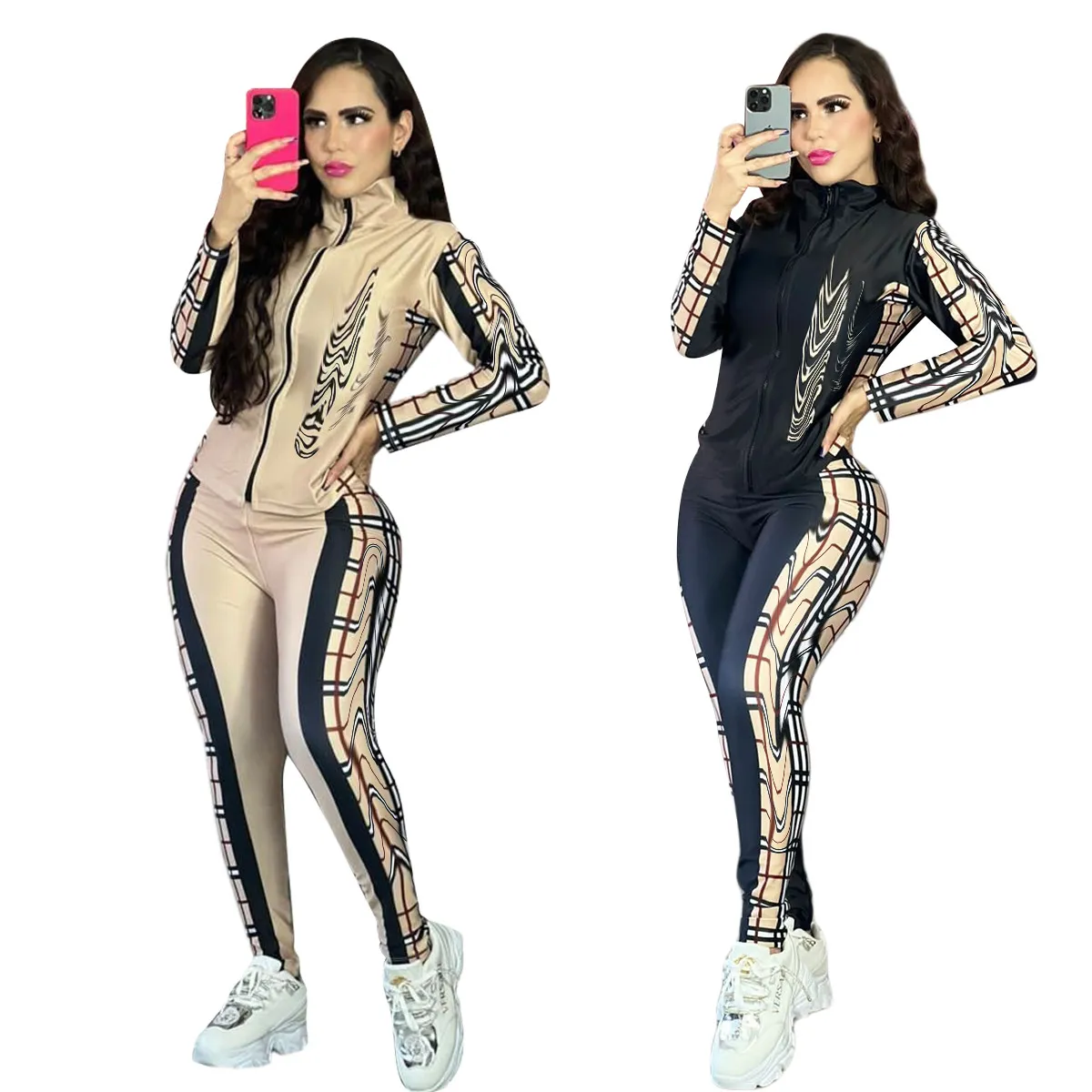 Two Piece Pants Tracksuit Women Outfits Casual Print Jacket och Sweatpants Set gratis fartyg