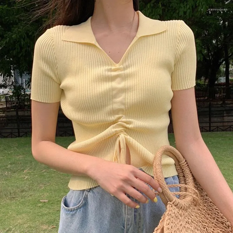 Women's Blouses Lucyever Korean Drawstring V Neck T Shirt Women Summer Elastic Knitted Short Sleeve Crop Tops Ladies 2023 Wild Yellow Tees