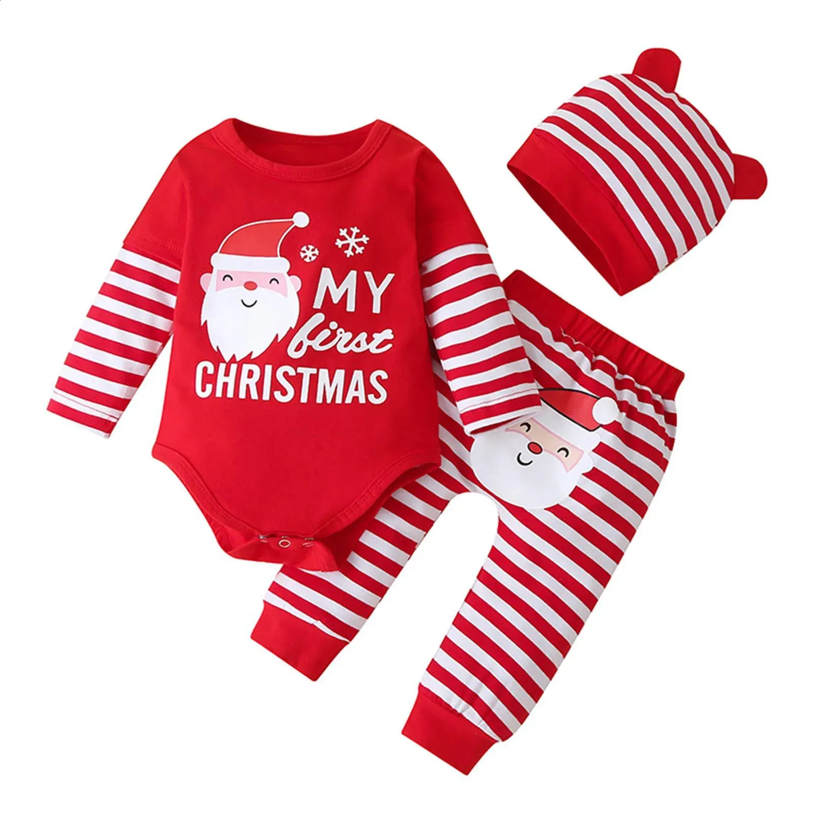 Conjuntos de roupas Meu primeiro Natal Bebê Meninos Meninas Roupas Born Romper + Calças + Santa Chapéu Crianças Unisex Ternos Mãe Crianças 231118