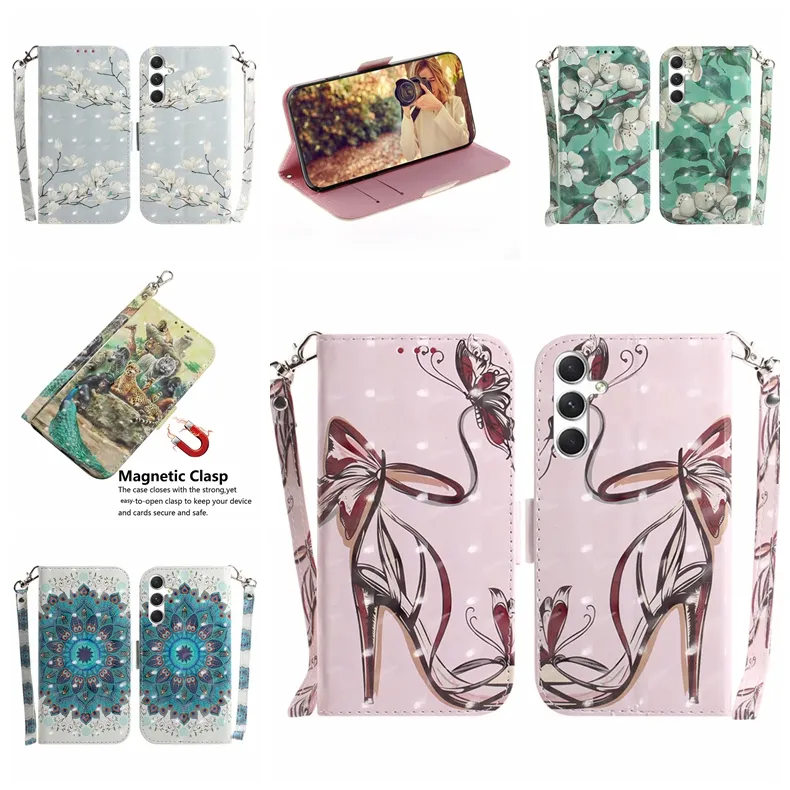 A35 3D -läderplånbok för Samsung S24 Plus Ultra A55 A15 A05 A05S M34 5G A25 S23 Fe M54 Xiaomi 13T Pro 13 Lite Flower Tiger Animal Leopard ID Holder Flip Cover Pouch Pouch Pouch