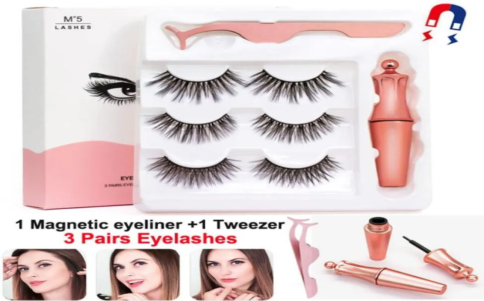 Magnetic Eyelashes with Eyeliner and Tweezer 3 Pairs 5 Magnetic False Eyelashes Liquid Eye liner Makeup Set Reusable eyelash No Gl2622038