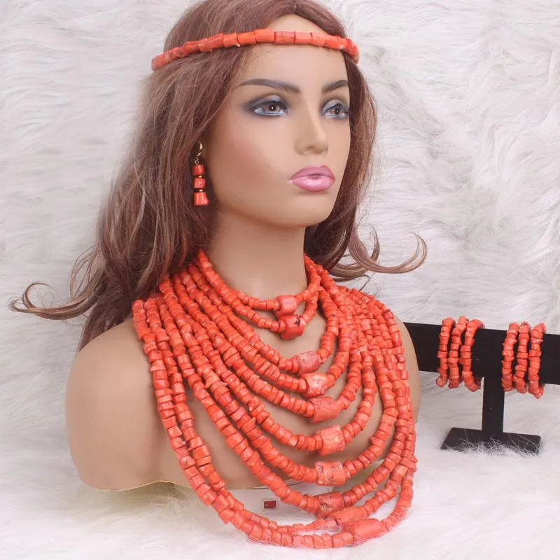 Ensemble de 4 bijoux de luxe en perles de corail Orange/blanc, collier et boucles d'oreilles, 10 couches, mariage nigérian pour femmes