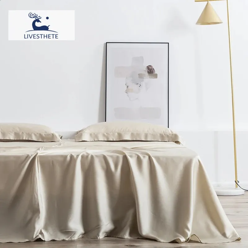 Conjuntos de lençóis Livesthete Champagne Gold Ambos os lados 100% seda pura folha plana fronha decoração de casa luxo tecido natural duplo tamanho roupa de cama 231118