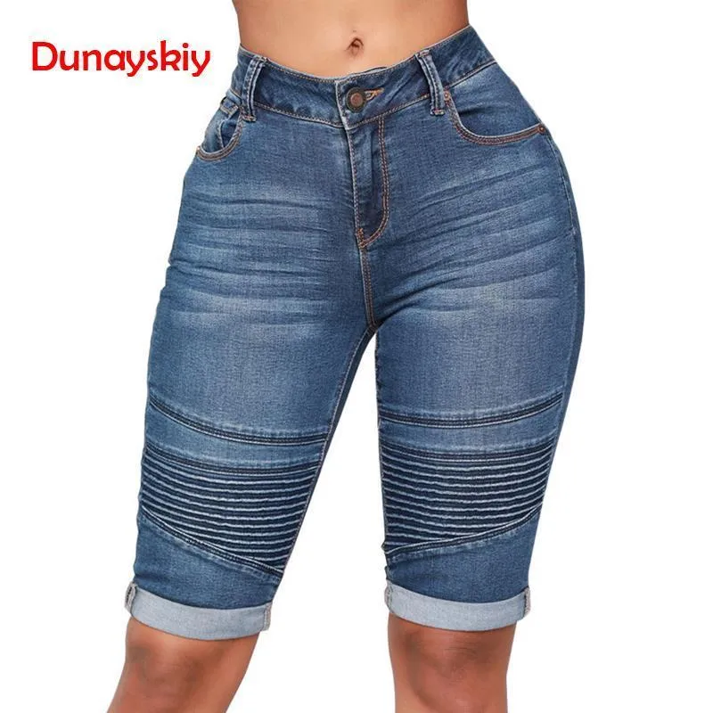 Kvinnors shorts sommaren hög midja denim blå bodycon knä längd elastisk smal pass klassisk 2023 stil 230419