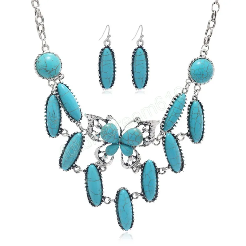 Ethnic Butterfly Pendant Necklaces Earrings Jewelry Sets for Women Bohemian Vintage Turquoise Stone Statement Party Jewelry Set