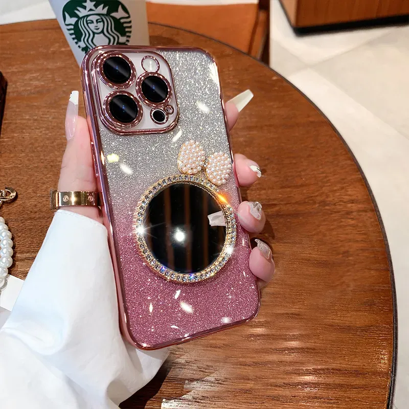 Makeup Mirror Glitter Girl Telefonfodral för iPhone 15 14 13 12 11 XR X XS 8 7 Plus Pro Max Fashion Phone Protective Case Cover