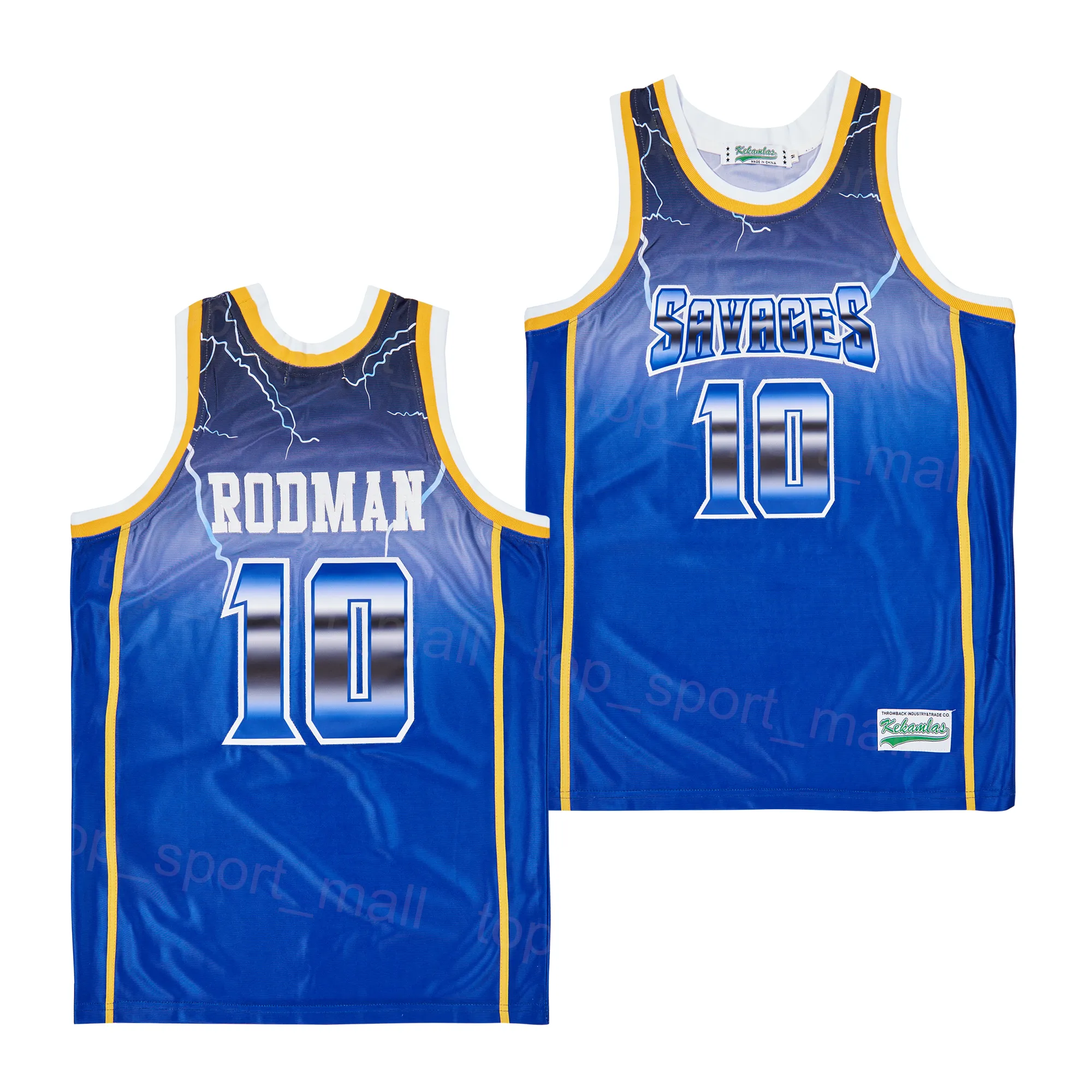 영화 농구 Dennis Rodman Jersey 10 David Summer Hiphop High School 자수 대학교 스포츠 팬 빈티지 팀 컬러 블루 셔츠