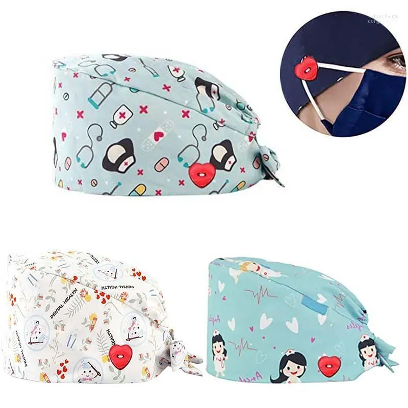 Beanies Beanie/Skull Caps Scrubs With Button Cartoon Printed Adjustable Working Hats Reuseable Bouffant Breathable Women Men Accessories
