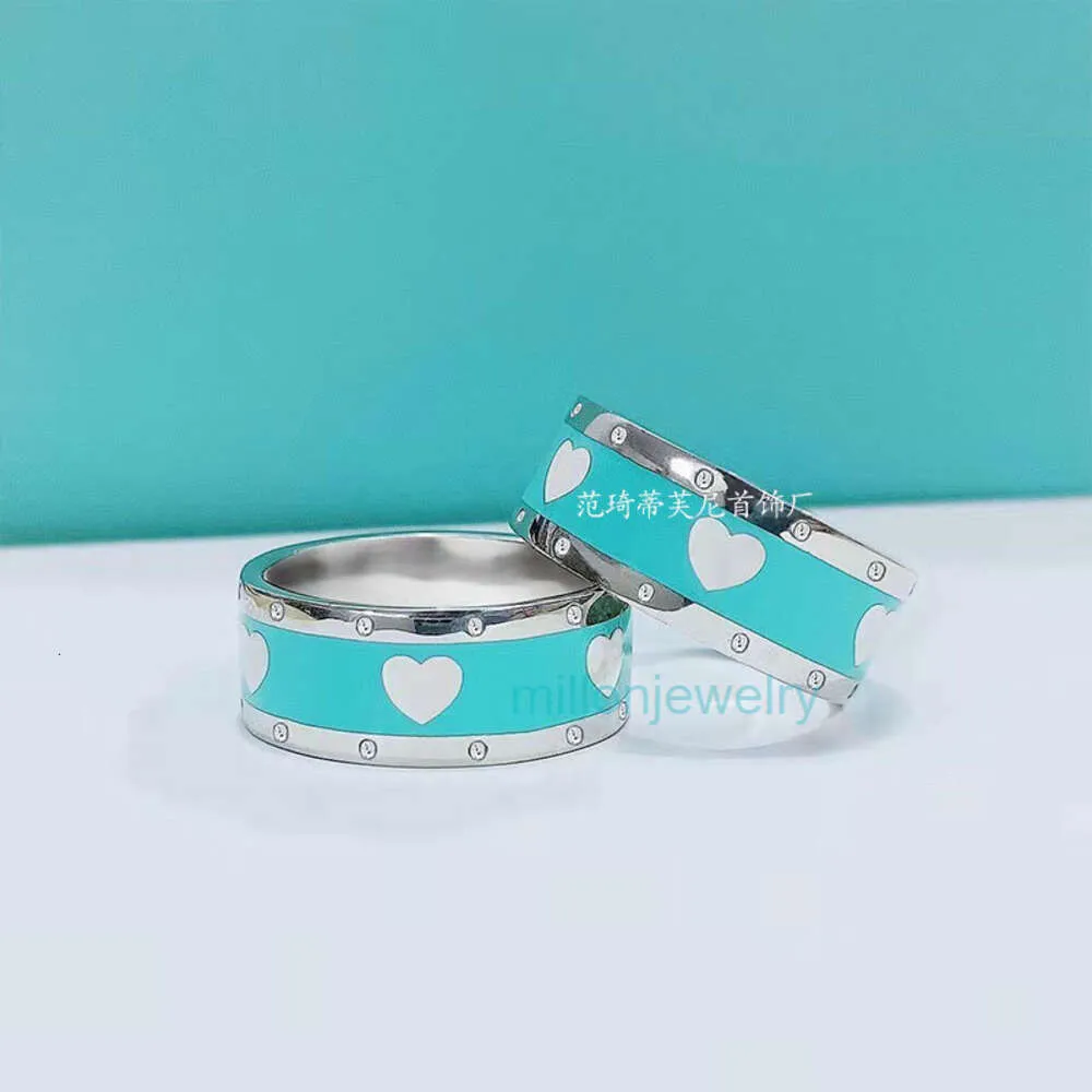 Band Ringen Ringen Sieraden Blauw Emaille Tiffanyisn Liefde 925 Licht Luxe Kwaliteit Hartvormige Brede Paar Ring 8s2j