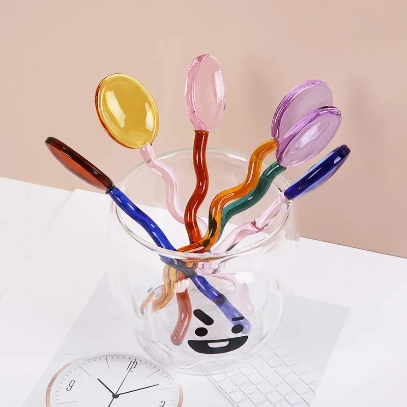 Creative Glass Milk Spoons Colored Transparent Coffee Dessert Stirring Spoon Long Handle Round Kitchen Tableware Stirrer LX6239