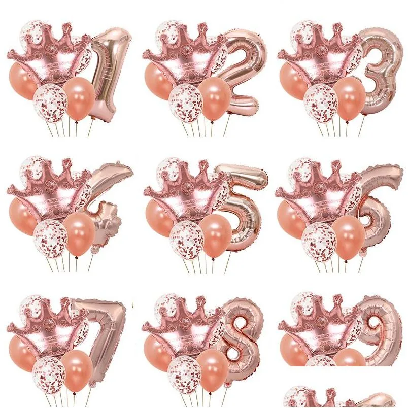 Autres fournitures de fête d'événement Rose Gold Sliver Princess Crown Feuille Ballons de fête en latex Set Joyeux anniversaire Fournitures Baby Shower Decorat Dhots