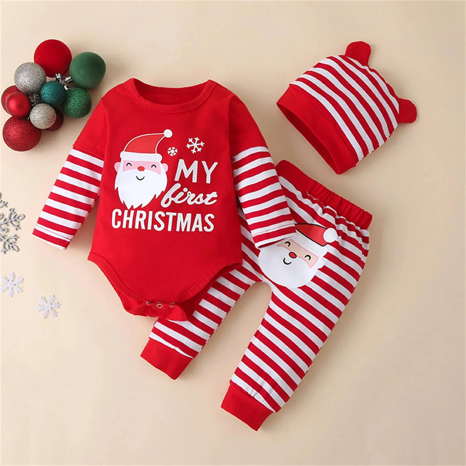 Kläder sätter min första jul baby pojkar flickor födda romper+byxor+jultomten hatt 3st småbarn unisex passar mamma barn 231118