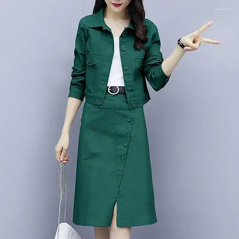 Arbeitskleider Damenbekleidung Frühling Herbst Outfits 2023 Elegante Mode Retro-Stil Slim Top Halbrock Denim Zweiteiliges Set Trend