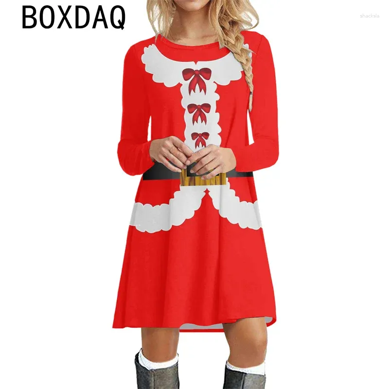 Abiti casual Abito natalizio da donna Babbo Natale Abbigliamento cosplay 6XL Big Size Manica lunga O-Collo Casaual A-Line Mini Abiti De Mujer