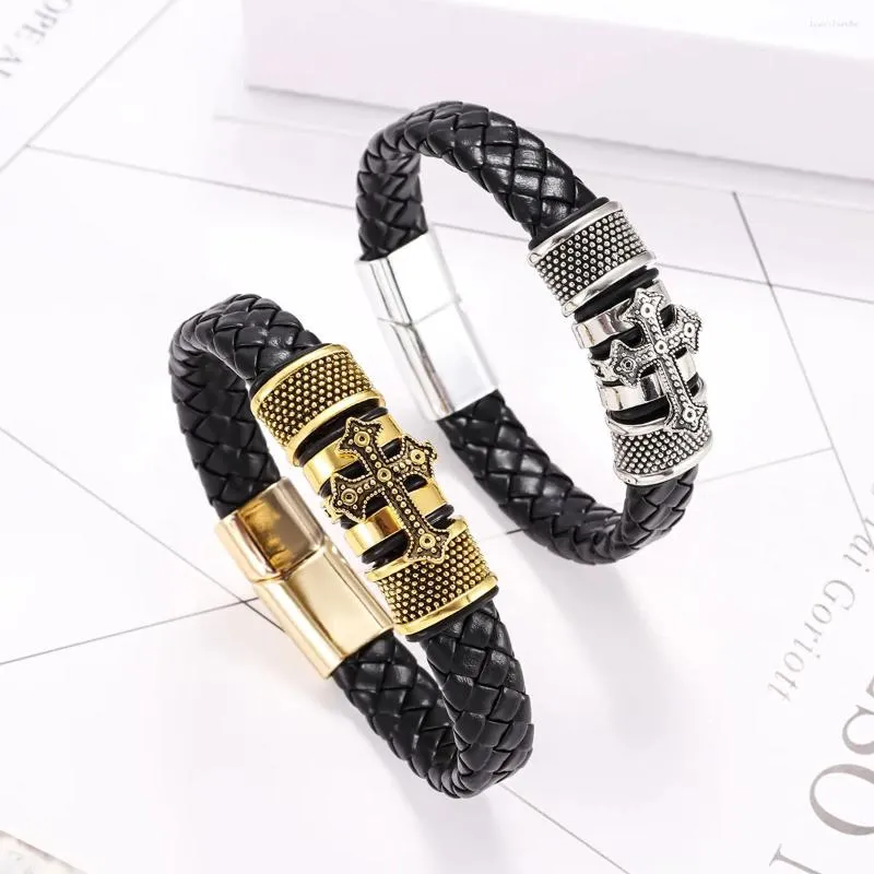 Bangle Simple Leather Woven Rostfritt stål Cross Men's Armband European Style Titanium Jewelry