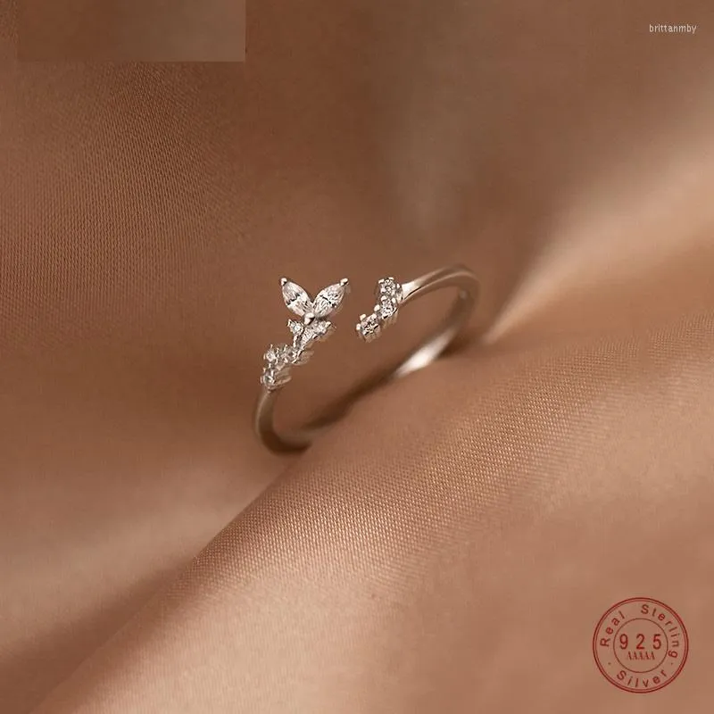 Klusterringar 925 Sterling Silver Luxury Crystal Zircon Branch Bud Sweet Chic Leaf Opening Ring For Women Wedding Anniversary Jewelry