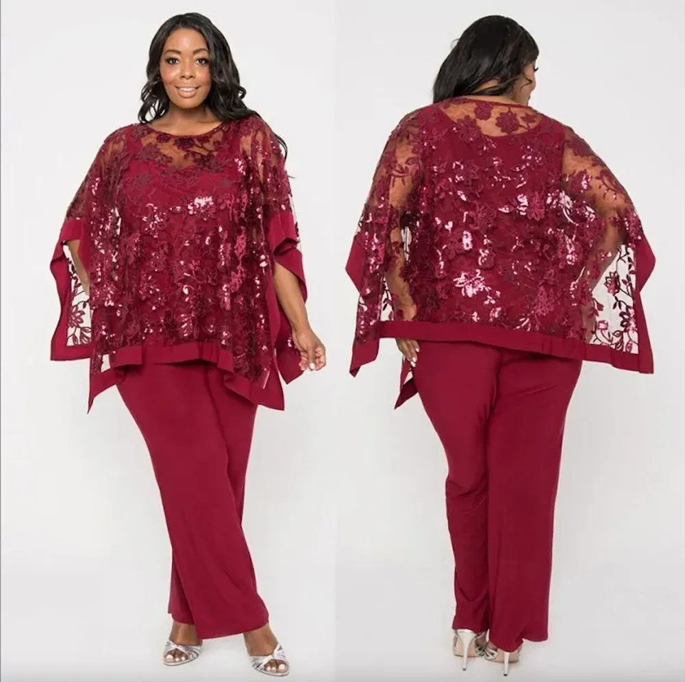 Laço vermelho escuro lantejoulas mãe da noiva calça ternos jóia pescoço vestido de convidado de casamento formal com xale plus size mães vestidos de noivo